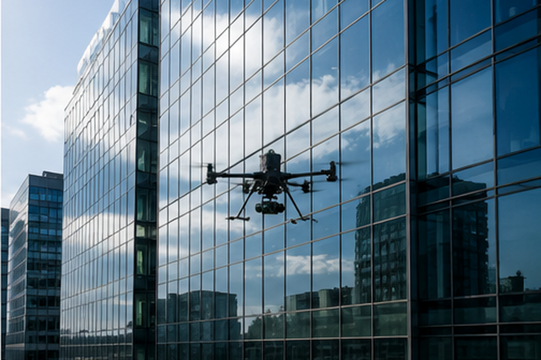 Insurance evidence pack — drone inspecting a glass facade