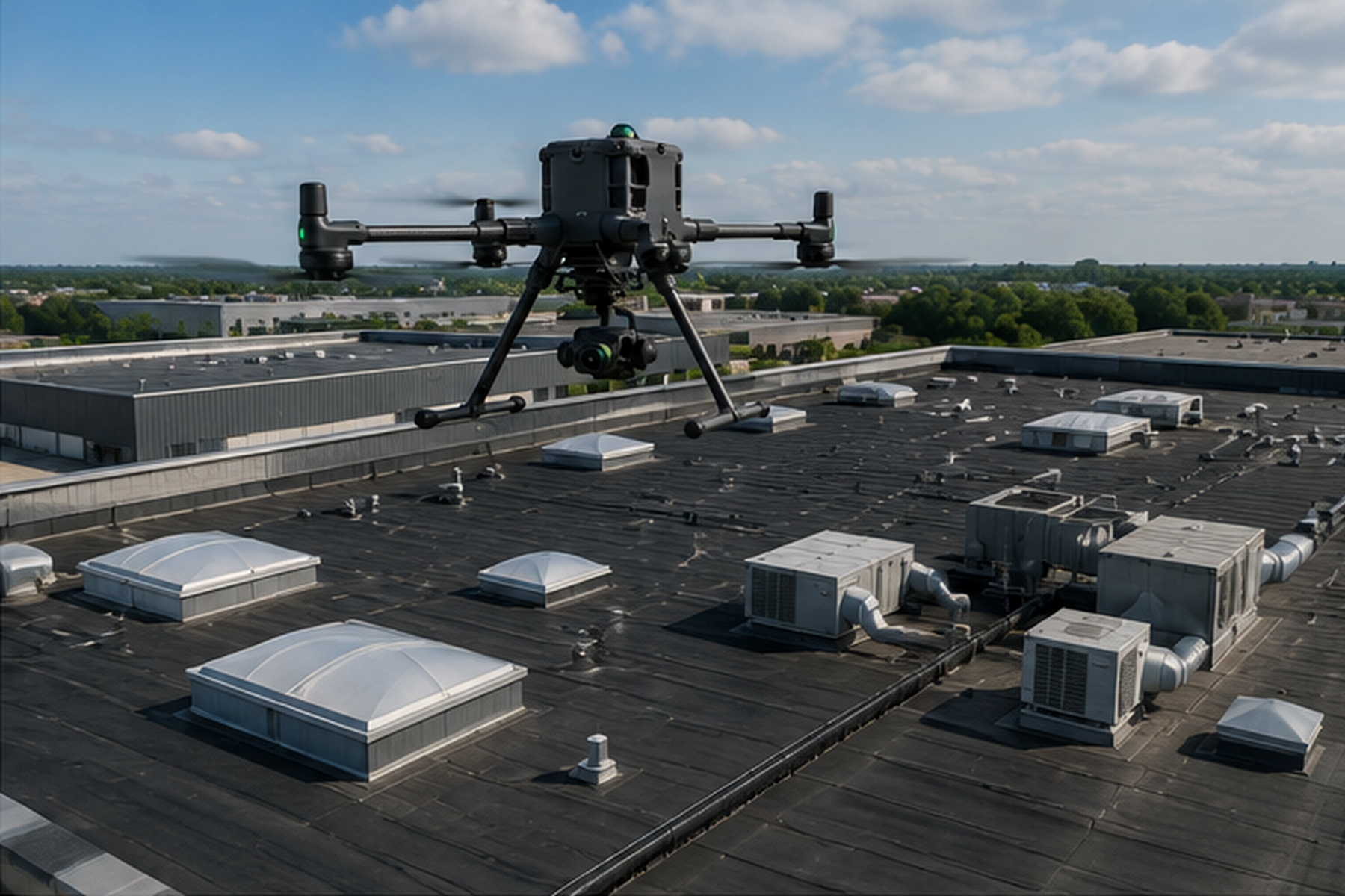 Aerial roof survey — drone over a flat commercial roof
