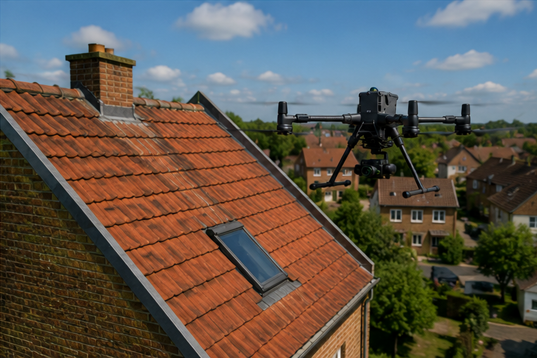 Aerial roof survey — drone documenting a red tile roof in daylight